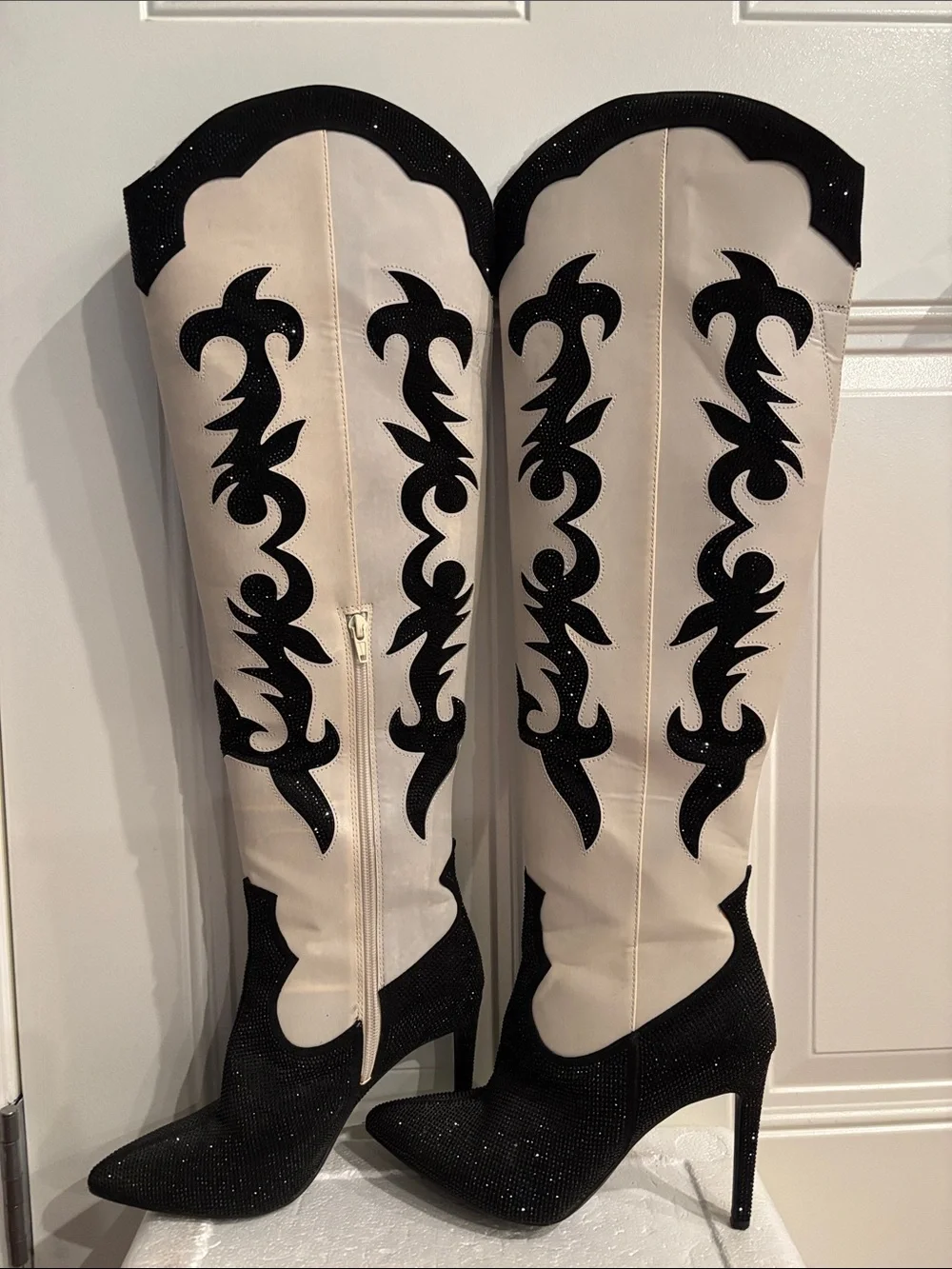 Tall Western-Inspired Knee Boots in Cream and Black